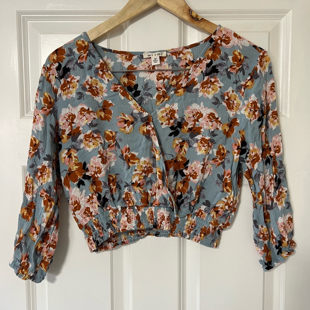 Francesca's Collections Floral Blouse - Blue and Orange